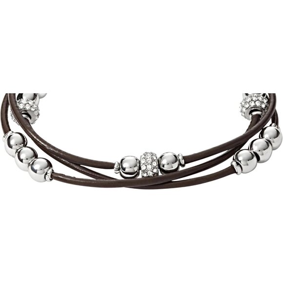 Women's Silver Glitz and Dark Brown Leather 7.5-inch Bracelet with Button clasp - Picture 3 of 5